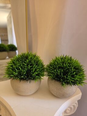 Set of 2 Mini Artificial Grass Plants Faux Topiary in Neutral Gray Pots Greenery